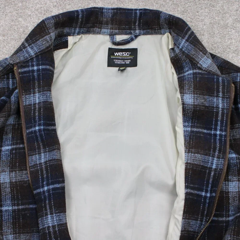 WeSC Flannel Shirt Jacket Mens 2XL Womens 3XL Blue/Brown Plaid Lined L/S Button - Picture 10 of 13